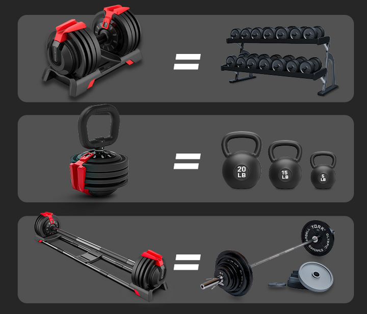 3-in-1 Multi-Functional Adjustable Dumbbell Barbell Kettlebell Set with Free Weights
